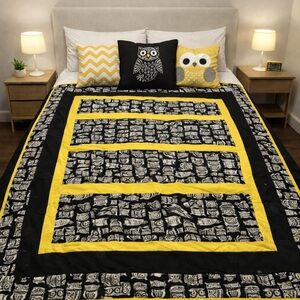 Homemade patchwork cotton Black and Yellow Owl Pattern Quilt